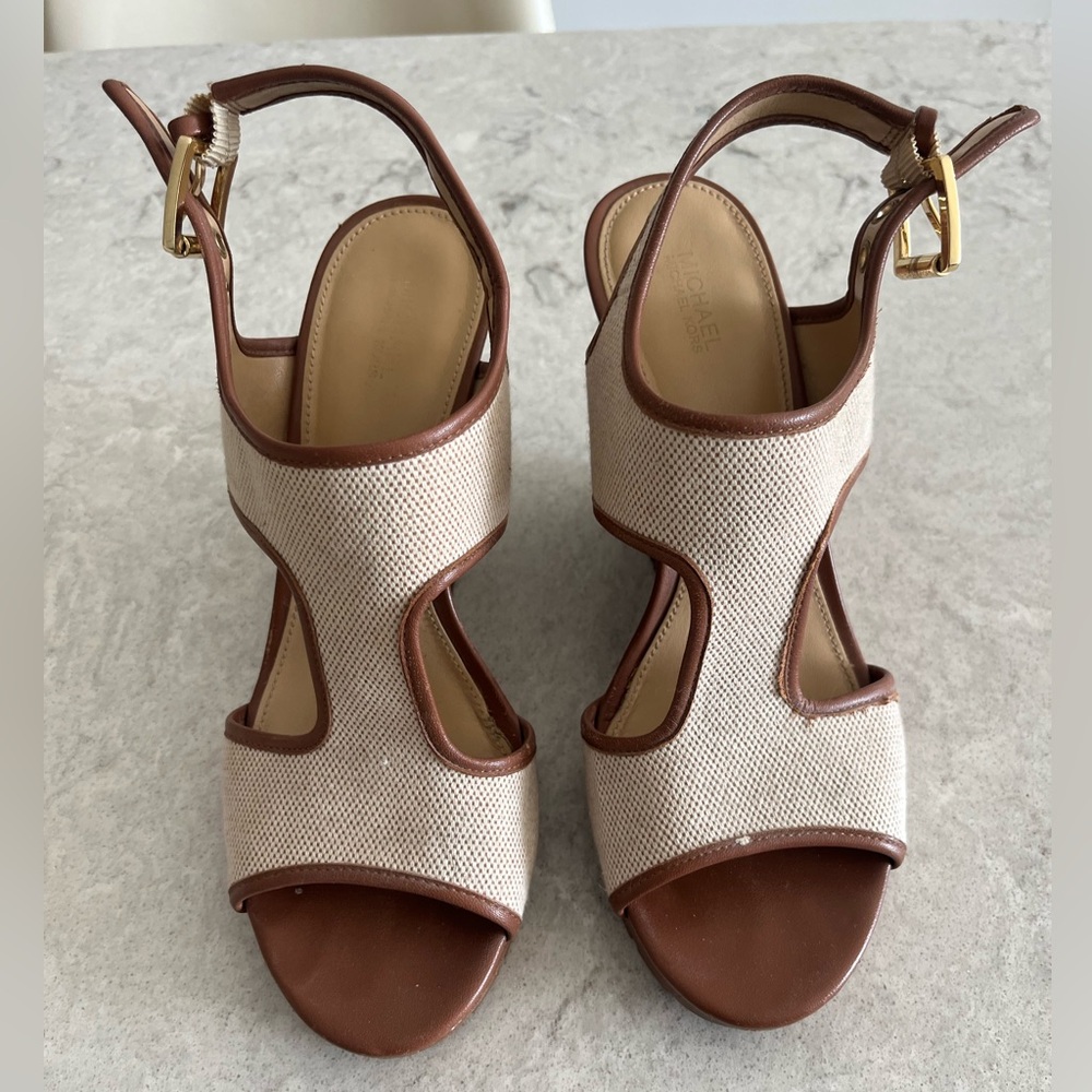 Michael Kora Elegant Brown and Cream Women's Wedge Sandals